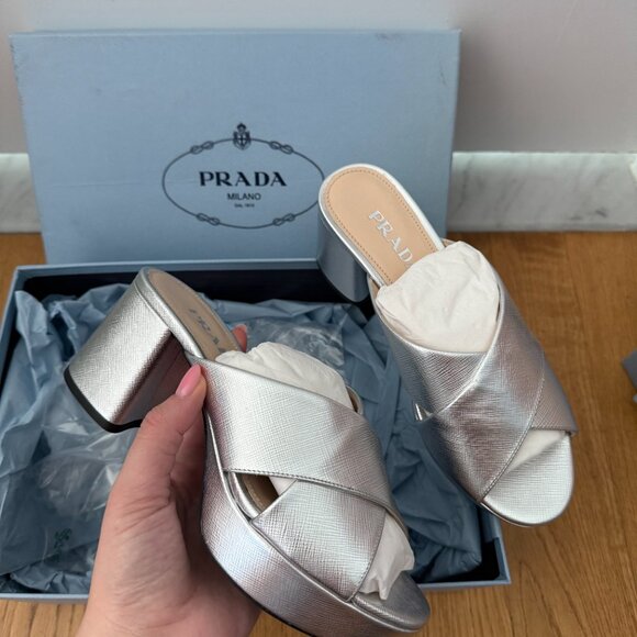 NWT Prada Platform Sandals Metallic Silver Saffiano Leather Crisscross Strap - Picture 5 of 11